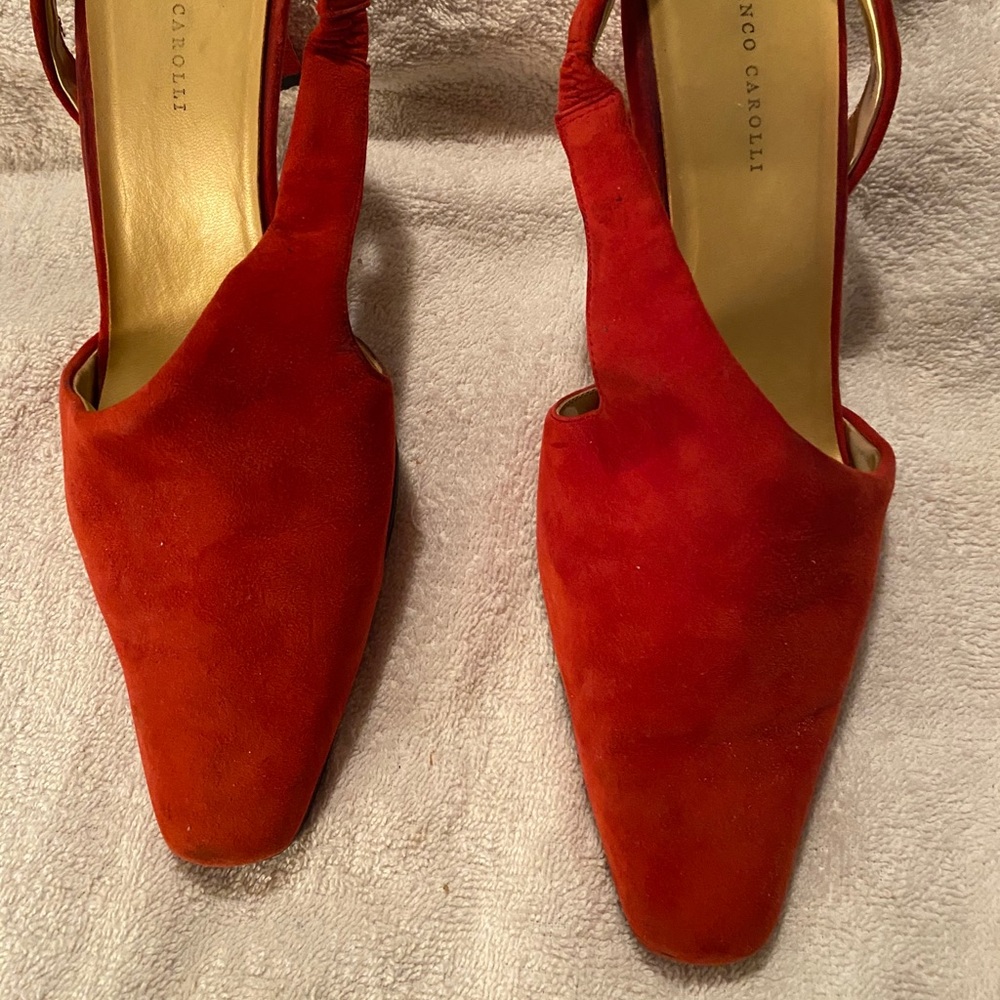 Red suede sling backs